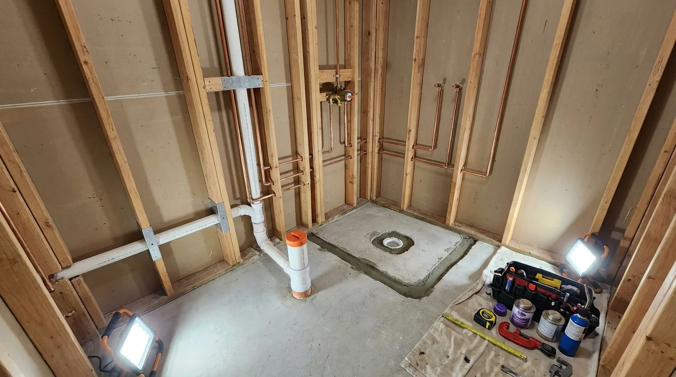 Bathroom rough-in plumbing during remodel by Johns Plumbing LLC in Arab