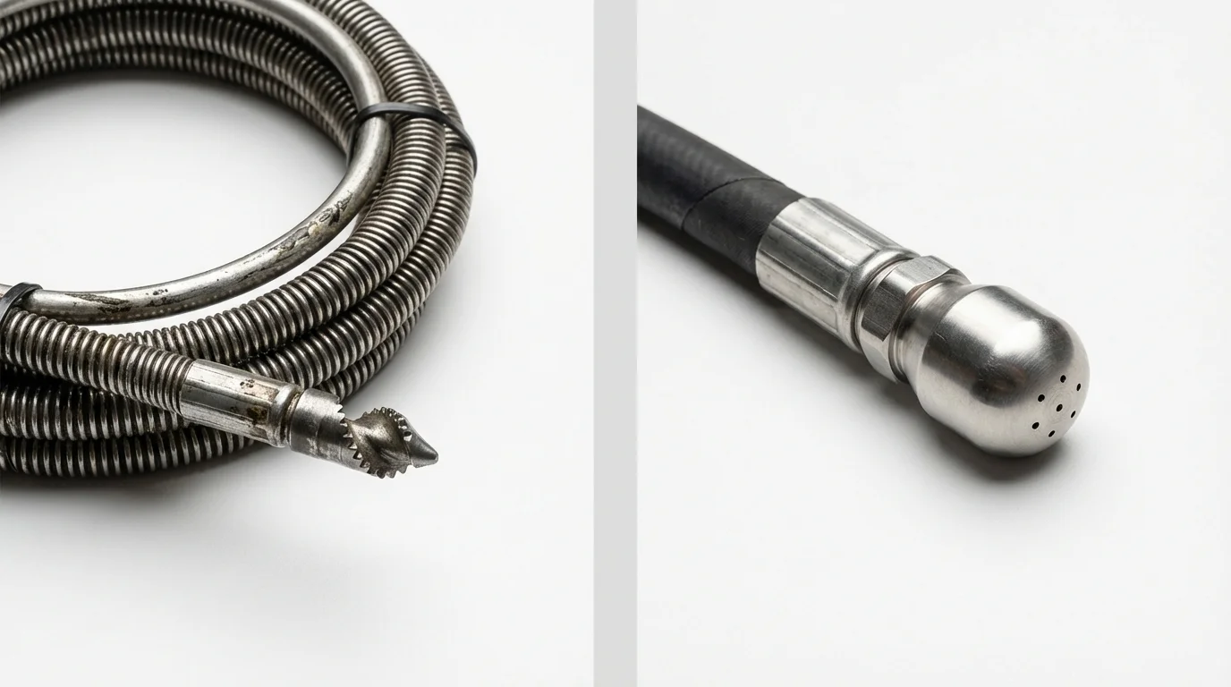 Drain snake cable and hydro jetting nozzle used for drain cleaning in Arab, AL