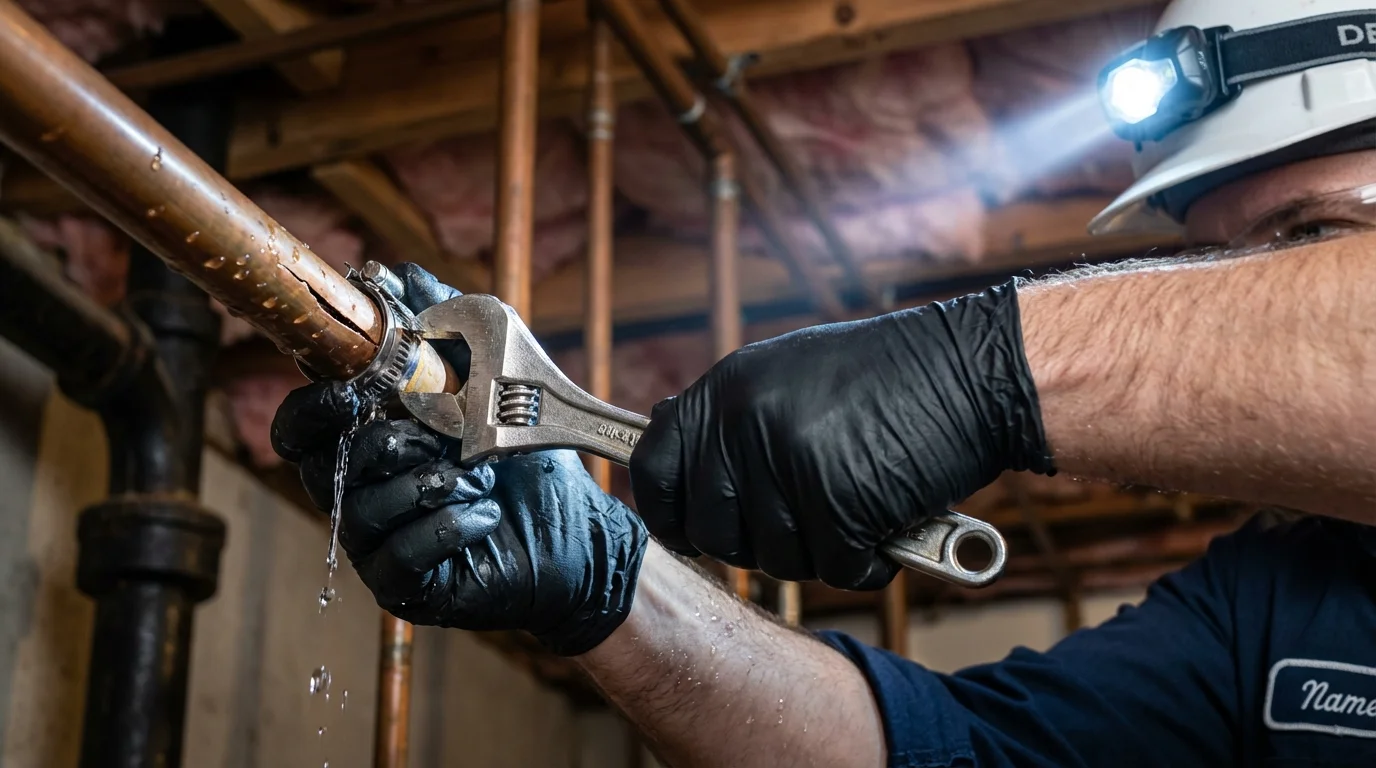 Emergency pipe clamp repair being performed by a Johns Plumbing LLC plumber in Arab