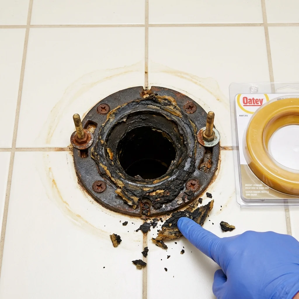 Failed wax ring showing water seepage at the base of a toilet in a Arab, AL home