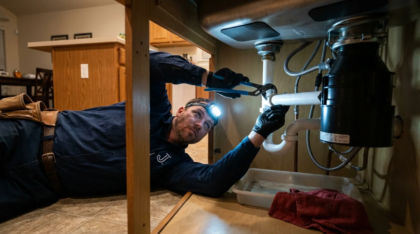 P-trap and supply line connections under a kitchen sink showing a common leak point in Arab, AL